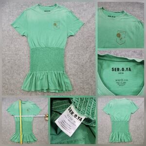 SER.O.YA Shirt Womens M Medium Green Smocked Waist Ruffle Hem Cotton Dress Tee T
